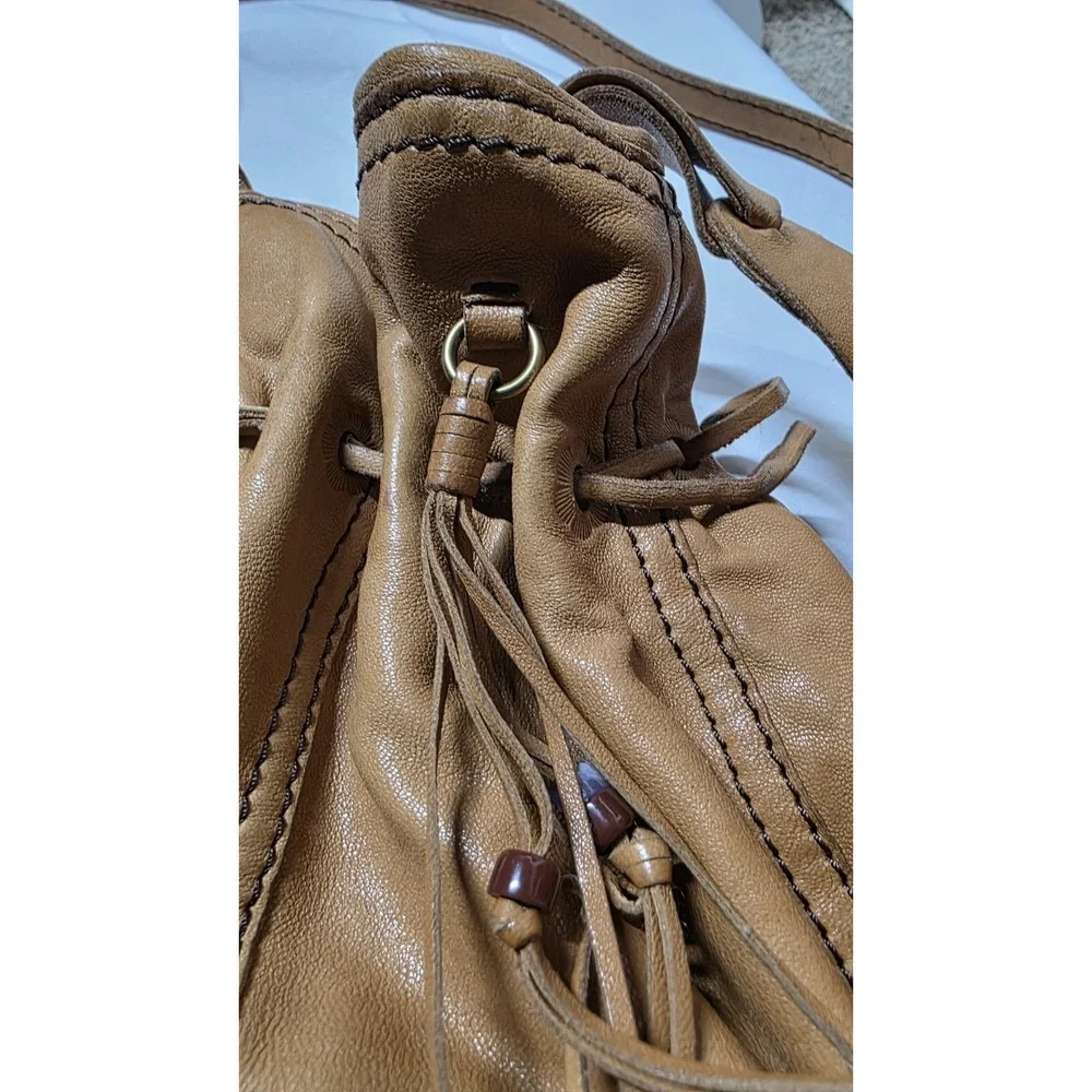 Lucky Brand Y2K Brown Lamb Leather Bucket Bag Boho Drawstring Crossbody Purse